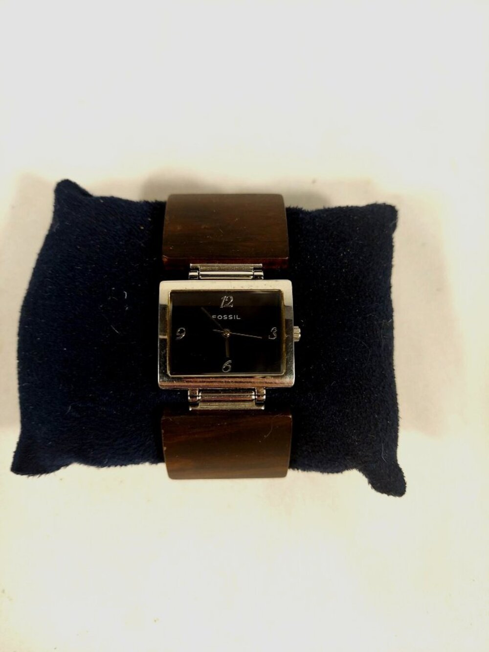 Fossil Watch 1980's Square Face Wood Link Band Vintage Small MCM Modernist